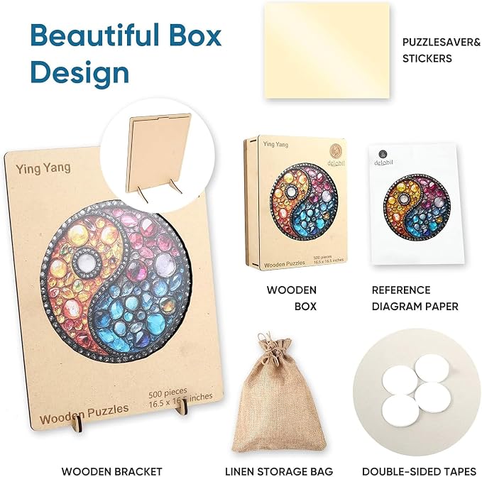 Delobil Puzzles for Adults 500 Pieces, 5MM Thick Colorful Crystal Yin-yang Wooden Puzzles, Gemstones Jigsaw Puzzles for Adults and Kids, Family Game Gift 16.5 * 16.5Inch