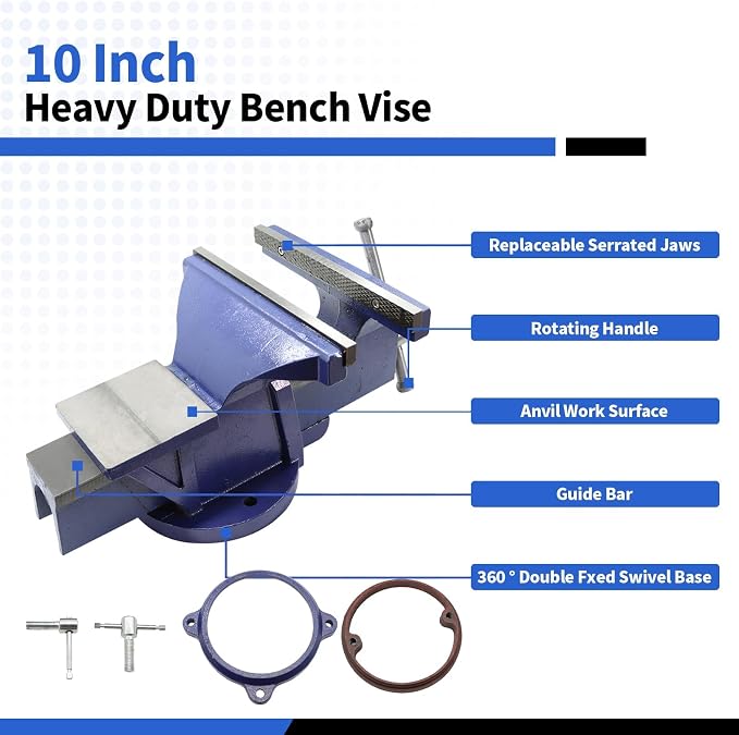 Nakkaa 10 Inch Heavy Duty Cast Iron Bench Vise 360° Swivel Lock Base
