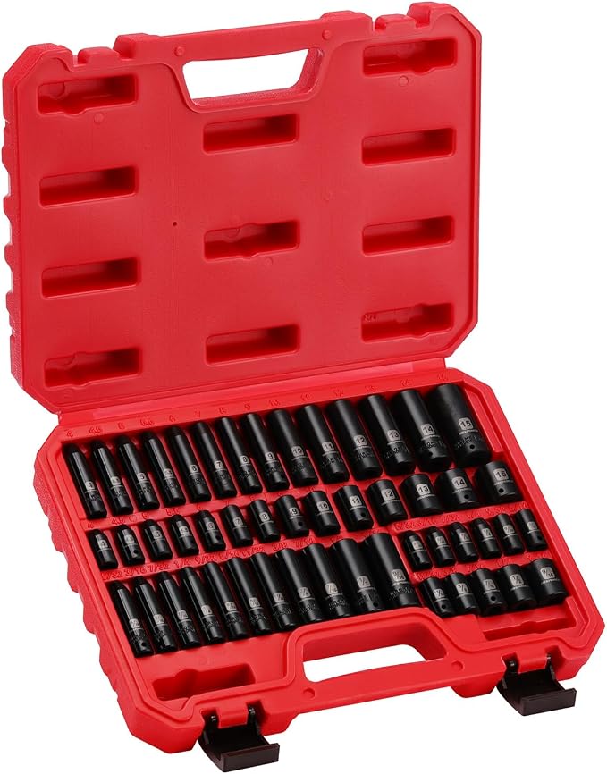 MIXPOWER 50 Pieces 1/4" Dr. Impact Socket Set, CR-V, 6 Point, SAE/Metric, 5/32 Inch - 9/16 Inch, 4mm - 15mm, Shallow/Deep
