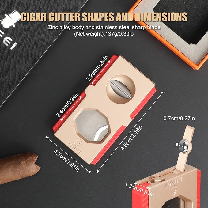 XIFEI Cigar Cutter V-Cut Guillotine 3 in 1 Straight Cut V Cutter with Cigar Punch Stainless Steel Blade Ergonomic Design Secure-Lock Cigar Clipper,Cuts Up to 60 Ring Gauge Cigars (Gold)