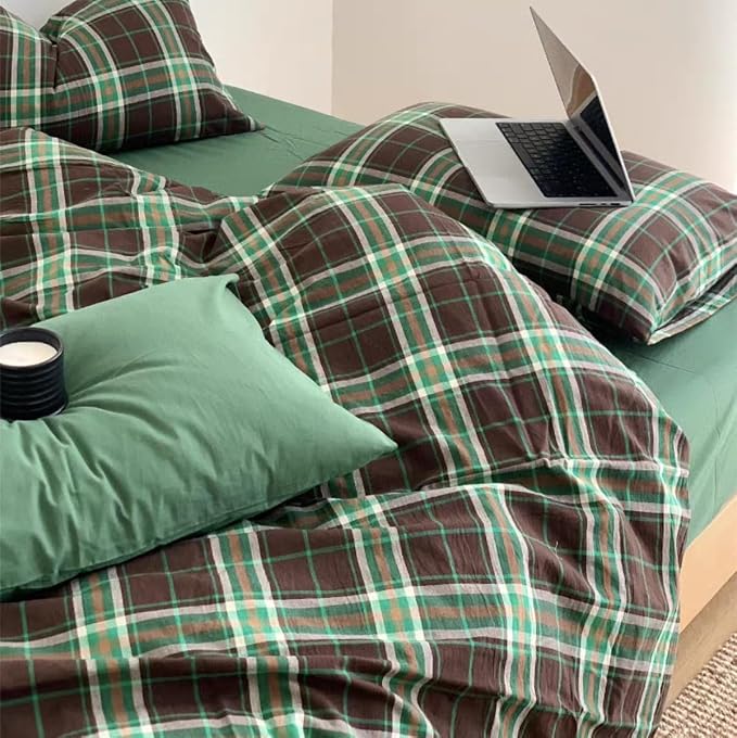 Sedefen Gingham Duvet Cover Queen Brown Vintage Plaid Bedding Set with Green Checked Kids Boys Girls Retro Soft Microfiber Breathable Duvet Cover Set