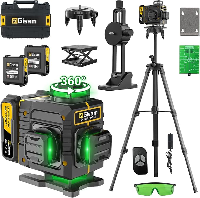 Gisam Laser Level with Tripod- 360° Rotating Window, Lazer Leveler Tool with Pulse Mode, 4D 16-Line Self Leveling Green Lazer Level with 2 * 4800mAh Batteries for Construction Tiling Home Renovation