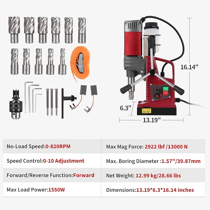 PrecisionAuto 1.57" Magnetic Drill Press – 1550W, 820RPM, 13000N Holding Force, Adjustable Speed & Adapter, Double Dovetail, 6 Coring Bits, Portable Mag Drill Machine for Steel & Metal (Chinese dubbed