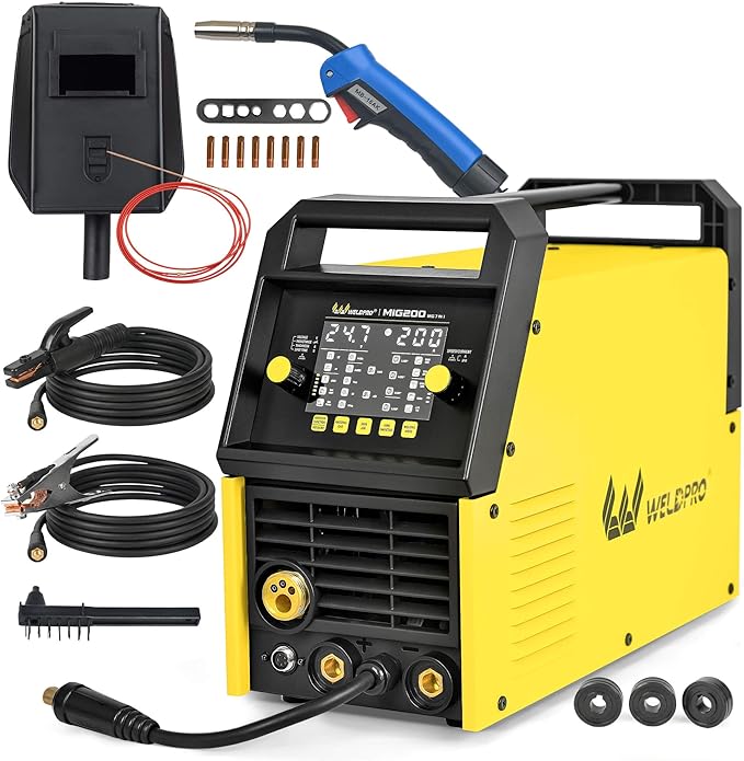 Weldpro MIG Welder, 200Amp 7-in-1 Gas MIG/Gasless Flux Core MIG/Synergic MIG/Lift TIG/MMA/Spot/Spool Gun Aluminum Multi process Welding Machine with Large LED Display, IGBT, 2T/4T, Save Job