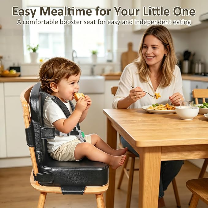 Toddler Booster Seat for Dining Table,Kitchen Chair Booster Cushion | Non-Slip Booster Seat with Backrest and 5 Piont Harness, PU Waterproof Travel Baby Booster Increasing Cushion