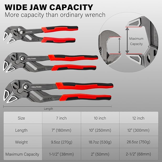HAUTMEC 3PCS Adjustable Pliers Wrench Sets (7 10 12"), Smooth Jaw Parallel Pliers, Heat-Treated CR-V Steel & Phosphated Rust-Resistant, SAE/Metric Scale, Storage Belt Pouch for Professional & DIY
