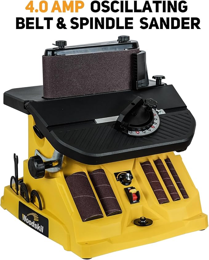 4A Variable Speed Oscillating Belt and Spindle Sander - 4x24" Belt, 5 Sanding Sleeves, 1000-1800RPM Adjustable Speed Control for Woodworking Projects - Efficient Dust Collection for Smooth Finishes