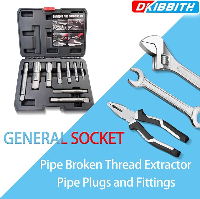 Pipe Extractor Set, 9-Piece Heavy Duty Steel Broken Pipe Extractors for Removing Damaged Threaded Pipes & Fittings from 1/8" to 1", with Durable Storage Case, Ideal Tools for Plumbers Mechanics DIY