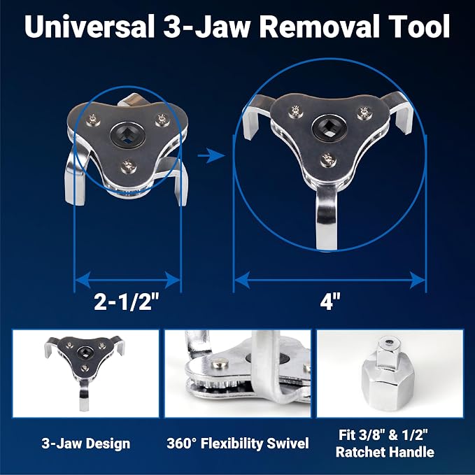 8PC Oil Filter Wrench Set - Swivel Wrenches (2-3/4" to 5-1/4") + Adjustable Pliers (9" & 12") + 3-Jaw Removal Tool w/ 1/2" & 3/8" Adapter - Universal Oil Filter Removal Kit