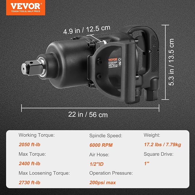 VEVOR 1 Inch Air Impact Wrench Up to 2730 ft-lbs Reverse Torque | Pneumatic Driven, Forward/Reverse Control, Lightweight with 2 Handles, Ideal for Heavy Duty Repairs and Maintenance