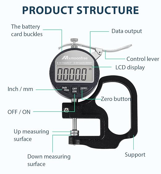 Digital Thickness Gauge 0-12.7mm/0.5inch 0.001mm High Resolution | Micrometer flat contact plates, 28mm throat depth, constant spring tension, unit conversion, storage case, battery included