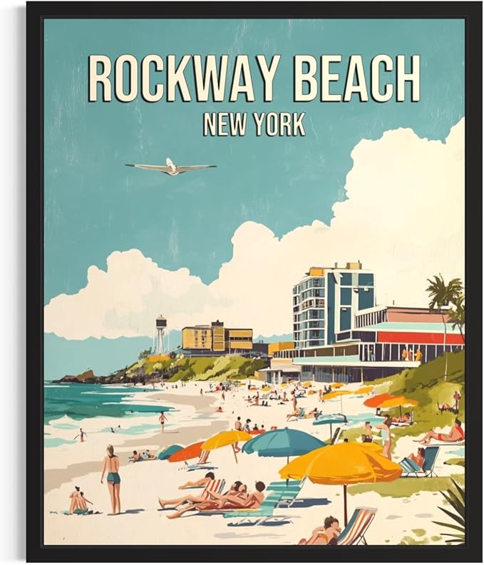 Rockaway Beach New York Black Framed Wall Art Print Poster, US Vintage Retro Beach Scenery Posters Prints for Restroom Home Picture Painting Artwork Gallery 219 (Rockaway Beach New York, 14"L x 11"W, Black Frame)