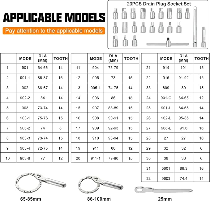 Auto Oil Filter Socket Wrench Set, Stainless Steel, 1/2 inch Drive | Cup Type Cap Removal Tool, Drain Plug Socket Set Included, Compatible with Car & SUV