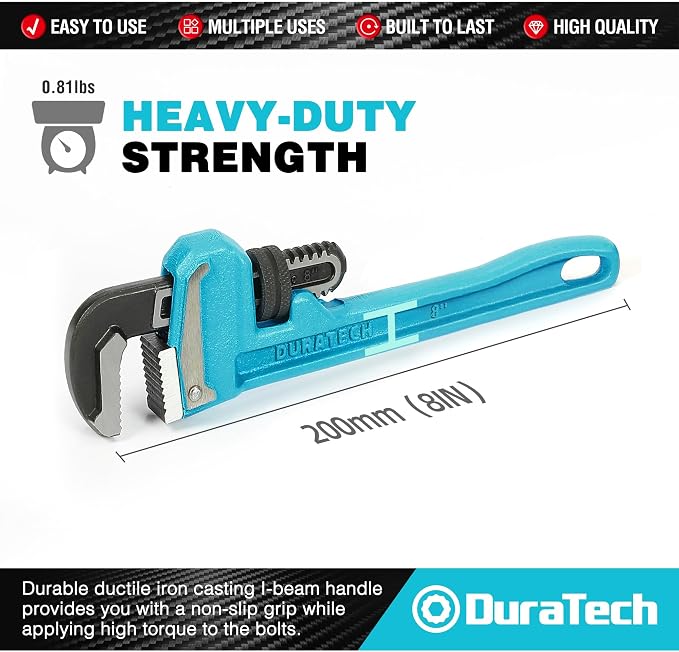DURATECH 8-Inch Heavy Duty Pipe Wrench, Adjustable Plumbing Wrench