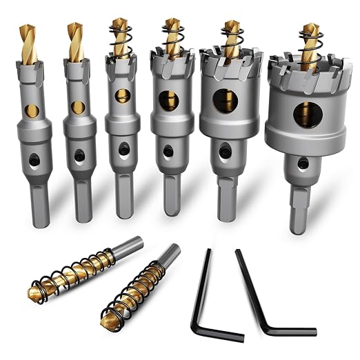 8 PCS (1/2" to 1-1/2") Carbide Hole Saw Kit for Metal - Heavy Duty TCT Hole Cutter Drill Bits Set with Titanium Pilot & L-Wrench, for Stainless Steel,Iron,Aluminum, Metal