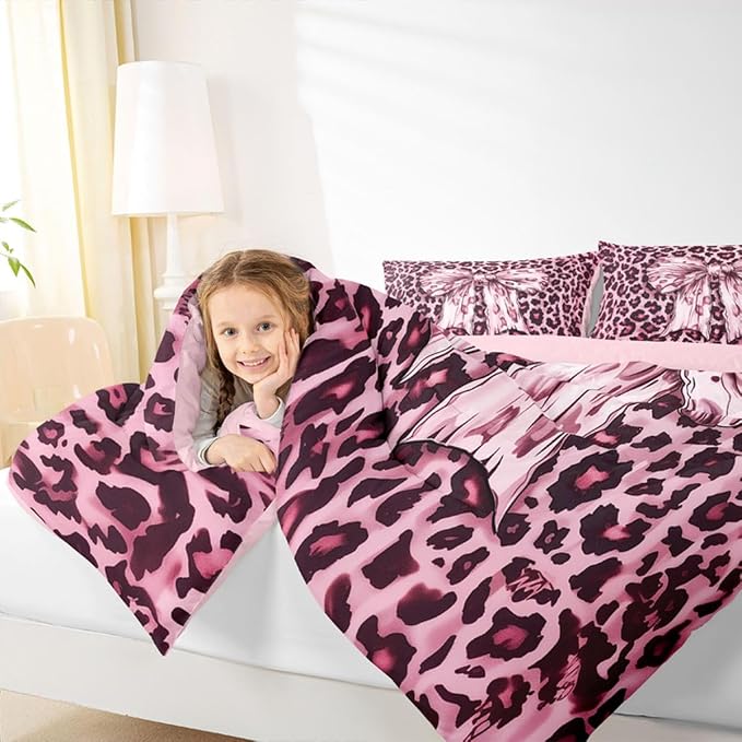 Feelyou Leopard Print Comforter Set Full Size Cute Pink Bow Bedding Set for Kids Boys Girls Cheetah Animal Fur Duvet Quilt Bedroom Decor Microfiber 3 Pcs with 2 Pillow Cases