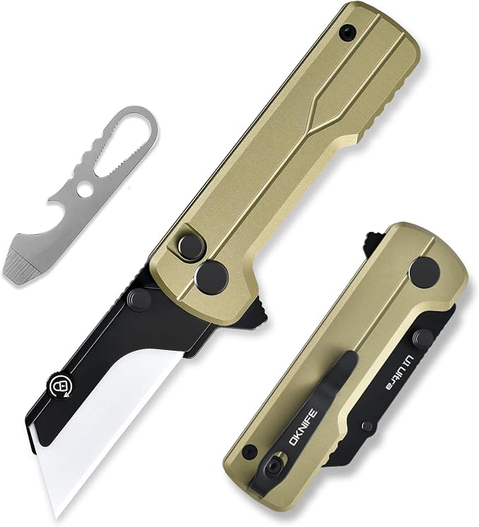OKNIFE U1 Ultra Pocket Folding Utility Knife with Ceramic Blade, Lightweight O-Aluminum Handle Box Cutter with Clip, Button Lock Pocket Knife for Men Women (Olive Green)