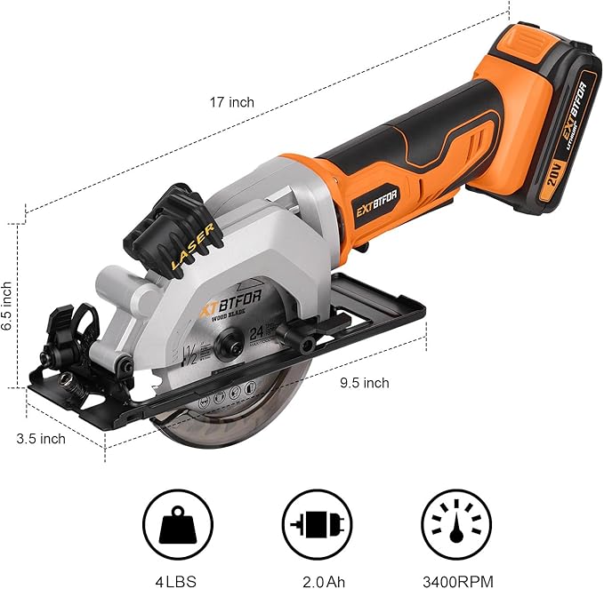 Circular Saw,4-1/2" Mini Circular Saw Cordless with 2.0A Battery, Power Saw with Laser Guide, 3400RPM, Maximum Cutting 1-11/16" at 90° and 1-1/8"at 45° for Wood, Soft Metal, Plastic