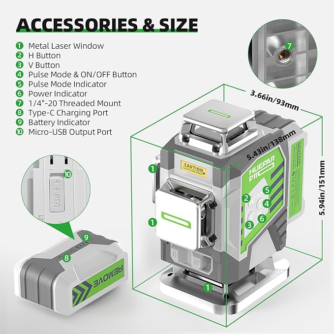 Huepar Pro Laser Level, Self Leveling 4 x 360° Green Cross Line Laser Level Tool, High Accuracy 4D Level Laser for Construction, 8000mAh Rechargeable Li-ion Battery, Remote Controller&Hard Carry Case