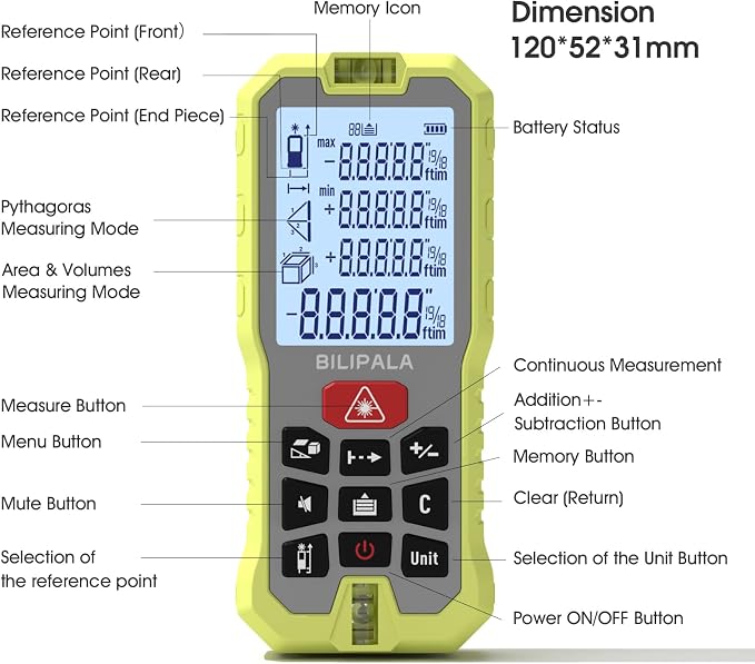 Laser Distance Measuring Tool, 70M/229ft Laser Measure, ±2mm Accuracy Laser Distance Meters with Backlit LCD, Measuring Distance, Area, Volume, Pythagorean Mode for Indoor/Outdoor Use(Red Laser)