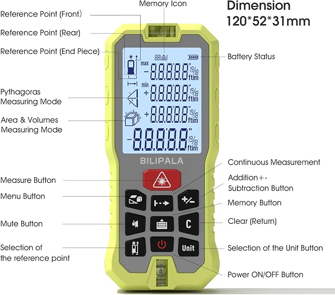 Laser Distance Measuring Tool, 100M/328ft Laser Measure, ±2mm Accuracy Laser Distance Meters with Backlit LCD, Measuring Distance, Area, Volume, Pythagorean Mode for Indoor/Outdoor Use(Red Laser)