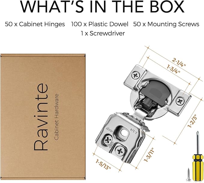 Ravinte 50 Pack 1-1/4 inch Overlay Cabinet Hinges - Soft Close, Hidden Door, Stainless Steel, Adjustable, Satin Nickel