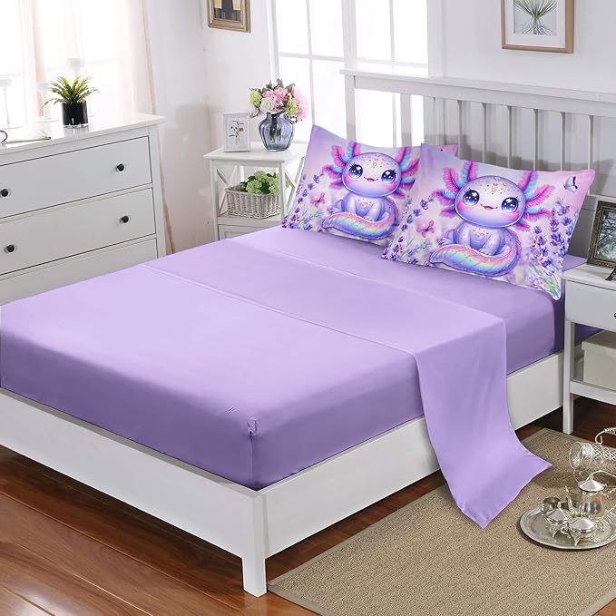 Axolotl Bedding 7 Piece Comforter Set Queen Size,Marine Life Themed Bed Set for Toddlers Girls Room Decor,Cute Kids Bedding with 1 Comforter,1 Flat Sheet,1 Fitted Sheet,4 Pillowcases.