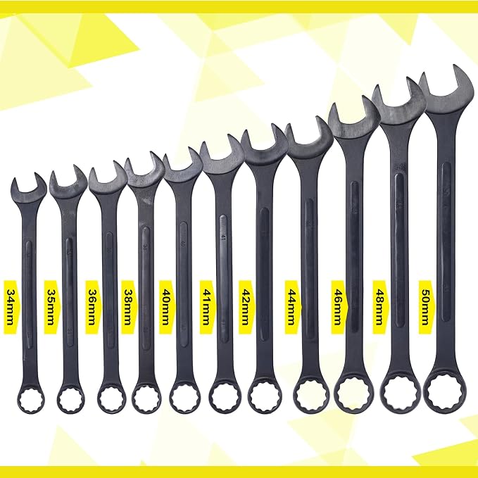 11PC Jumbo Combination Wrench Set, Metric, 34-50mm, Extra Large Wrenches | 34, 35, 36, 38, 40, 41, 42, 44, 46, 48, 50 mm sizes, Extra Large Combination Wrench Sets with Pouch (11PC-Metric)