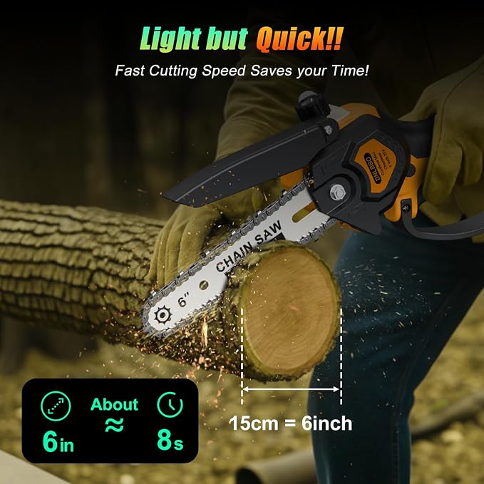 Mini Chainsaw Cordless, 6 inch Electric Chainsaw, with 2 Batterys Automatic Oiler for Wood Tree Cutting, Garden & Household Use Stocking Holiday Gifts for Men, Fathers & Gardening Enthusiasts