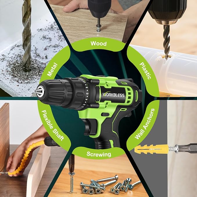 WORKBLESS 21V Power Drill Set, Cordless Drill with Batteries and Charger, 3/8'' Keyless Chuck, Variable Speed, 18+1 Torque Setting and 28pcs Bits Tool Set(Green, 2 Batteries)