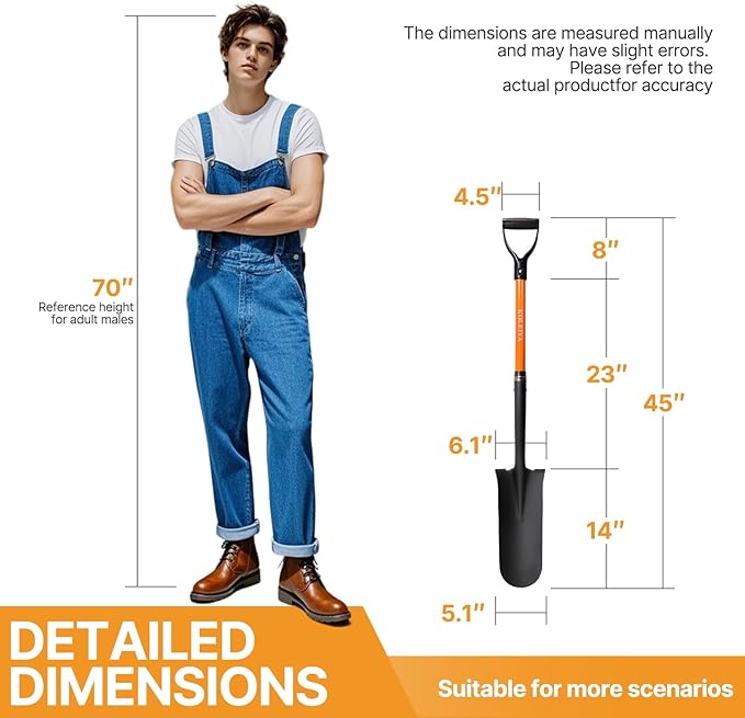 KOLEIYA Drain Spade, 45 Inch Heavy Duty Sharp Shooter Shovel with Fiberglass Handle, D-Grip Digging Shovel for Gardening, Planting, Trenching & Transplanting