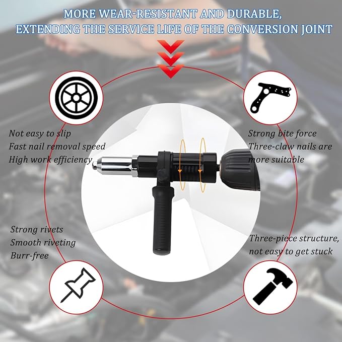 Bittwee Car Pop Rivet Gun Adapter Kit, Cordless Electric Power Riveting Drill Attachment with 4 Rivet Head, Automotive Cordless Riveting Drill Insert Nut Adaptor Tool, Universal for Vehicles