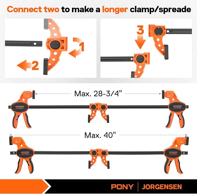 Jorgensen E-Z Hold 300LBS 12 Inch Bar Clamps for Woodworking, 2-Pack One-Handed Medium Duty F Clamps Set, Clamp/Spreader Convertible with Load Limit Indicator, Small Bar Clamps