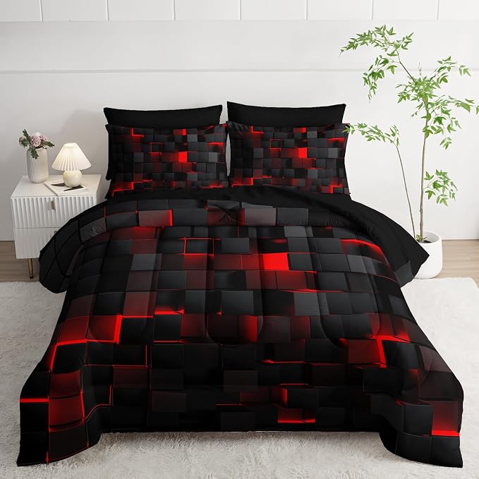 Nttopship Geometric Red Black Queen Comforter Set,Light Honeycomb Bedding Set 7 Piece in A Bag,Bed Sheet Set Geometry Decor,Microfiber Lightweight All Season