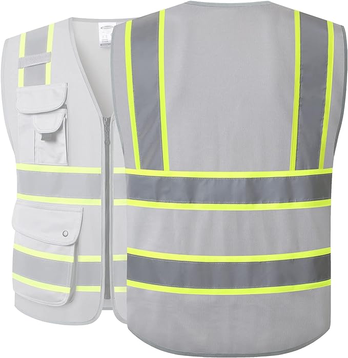 JKSafety 9 Pockets Hi-Vis Fluorescent Color Zipper Front Safety Vest with Neon Color Extended Yellow Trims for Men and Women Work Safety Utility (901-Grey L)