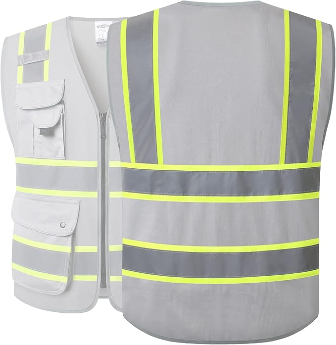 JKSafety 9 Pockets Hi-Vis Fluorescent Color Zipper Front Safety Vest with Neon Color Extended Yellow Trims for Men and Women Work Safety Utility (901-Grey XXL)