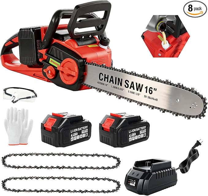 Brushless Electric Chainsaw, 42V 16 Inch Cordless Battery Powered ChainSaw, Hand Held Chain Saw with Auto Oiler & Mechanical Safety Lock,2 x 4.0Ah Batteries, Ideal for Tree Cutting and Branch Pruning