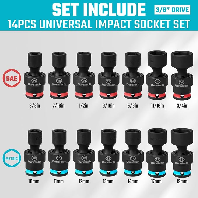 DURATECH 3/8" Drive Impact Swivel Socket Set, 14 Pcs Shallow Wobble Sockets | Metric & SAE, Flexible Joint, Cr-Mo Steel, 6 Points, Organized in Sturdy Storage Case