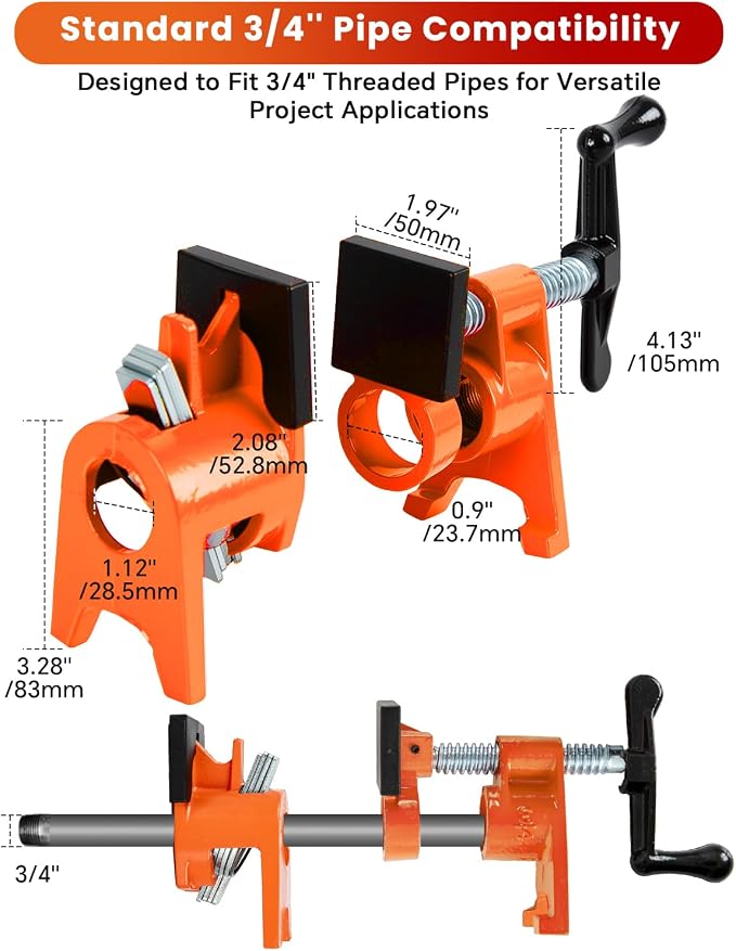 ATPEAM 3/4'' Pipe Clamps for Woodworking Heavy Duty Cast Iron Wood Gluing Pipe Clamp Set for Woodworking, Carpentry, Home Improvement, and DIY Jobs (4, Protective Pads)