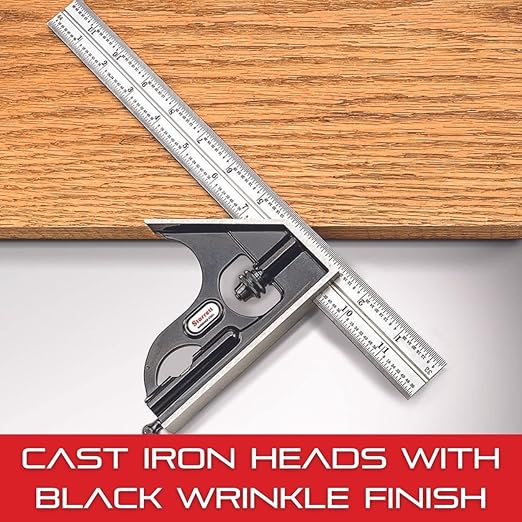 Starrett Combination Set with Square, Center and Non-Reversible Protractor Head and Blade - 12" Blade Length, Cast Iron Heads, Hardened Steel, 4R Graduation Type - C9-12-4R