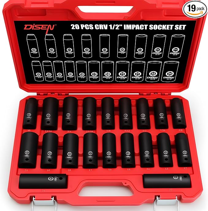 DISEN 20PCS 1/2" Impact Socket Set | Deep Sockets SAE 13/16"-3/8" & Metric 10-24mm, 6-Point Cr-V & Alloy Steel, Rugged Construction, Enhanced Storage Case