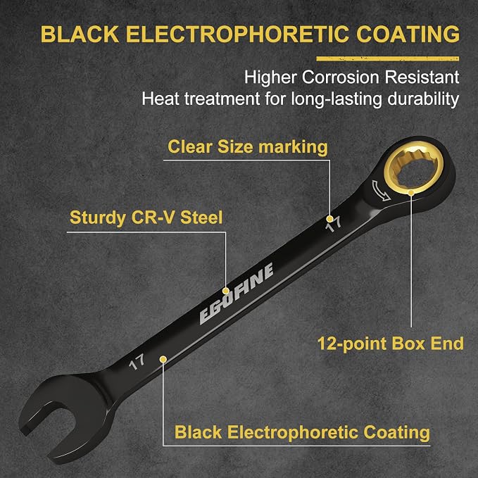Egofine 17mm Ratchet Wrench, 17mm Wrench Ratcheting Combination Wrenches Metric, Industrial Grade Gear Spanner with 12 Point Box End, 72-Teeth Ratchet Black Electrophoretic Coating,CR-V