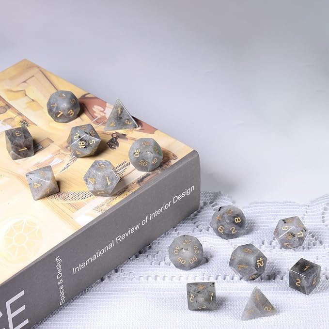 mookaitedecor 7 PCS Labradorite Crystal Polyhedral DND Dice Set, Polished Tumbled Stones Dices for RPG MTG Table Games Home Decoration