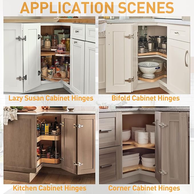 TamBee 135 Degree Cabinet Hinges, Lazy Susan Hinges for Corner Cabinets, Hidden Hinges for Kitchen Folded Doors - 3D Adjustment, Cupboard Hinges Replacement, Brushed Nickel 1 Pair