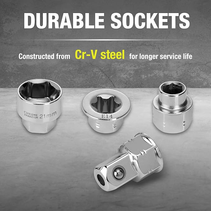 DURATECH 27PCS Extra Long Flex Head Ratcheting Wrench Set, 8-22mm | Double Box End Ratchet Wrench Set with E-type 8-22mm Replacement Heads, 10x19mm, 1/4", 3/8", 1/2" Socket Adapters