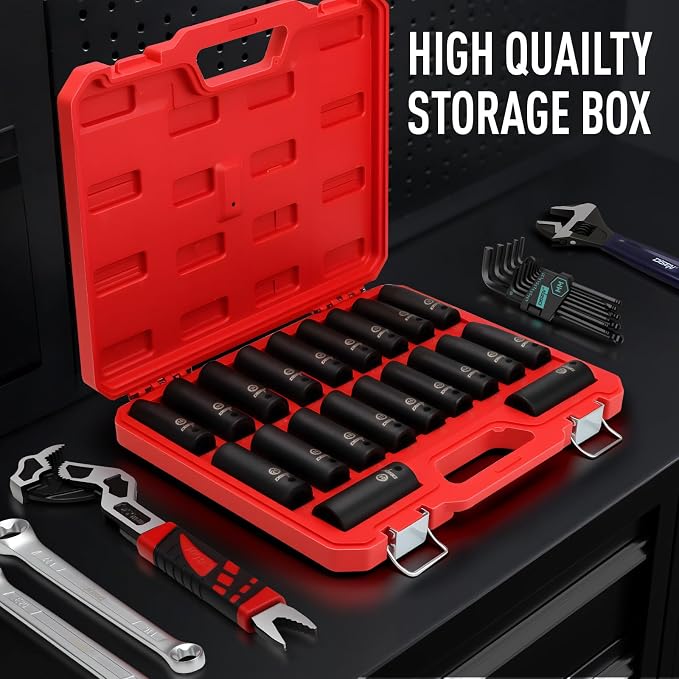 DISEN 20PCS 1/2" Impact Socket Set | Deep Sockets SAE 13/16"-3/8" & Metric 10-24mm, 6-Point Cr-V & Alloy Steel, Rugged Construction, Enhanced Storage Case