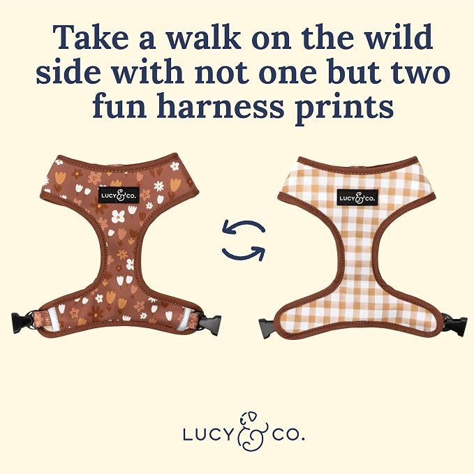 Lucy & Co. Reversible Dog Harness - Water-Repellent Neoprene, Dual-Print Design, Easy Swap Style, Adjustable Comfort Fit - Chocolate Meadows Reversible Harness - Small