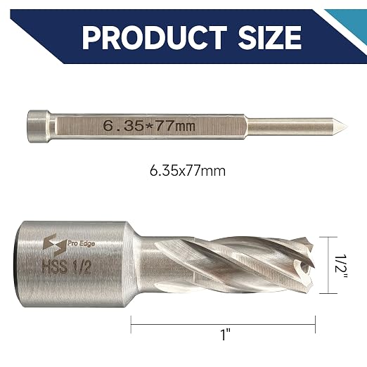 Pro Edge 1-Piece 1/2" Cutting Diameter 1" Cutting Depth Annular Cutter, M2AL HSS Mag Drill Bit with Pilot Pin 3/4" Weldon Shank, for Magnetic Drill Press Steel Plate, Aluminum, Copper