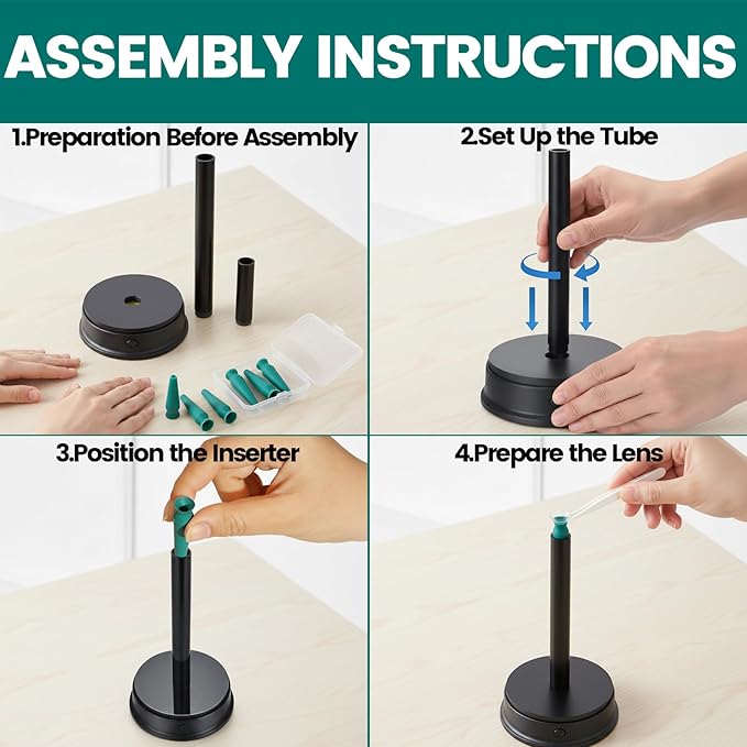 Rechargeable LED Scleral & RGP Contact Lens Inserter Kit – Hands-Free Lighted Stand with 2 Interchangeable Tubes & 6 Vented Scleral Sticks, USB Charging, BPA-Free Lens Application Tool