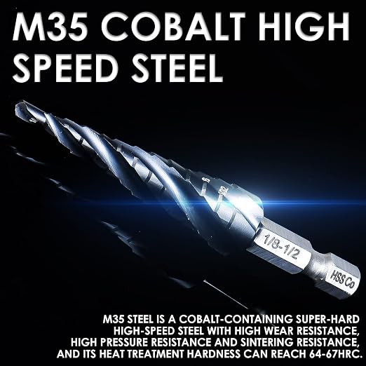 Matework M35 Cobalt Step Drill Bit, Four Spiral Flute Unibit Step Drill Bit (1/8"-1/2") Wear-Resistant TiAlN Coated, 1/4" Hex Shank for Metal, Carbon Steel, Stainless Steel, Wood, Plastic (13 Size)